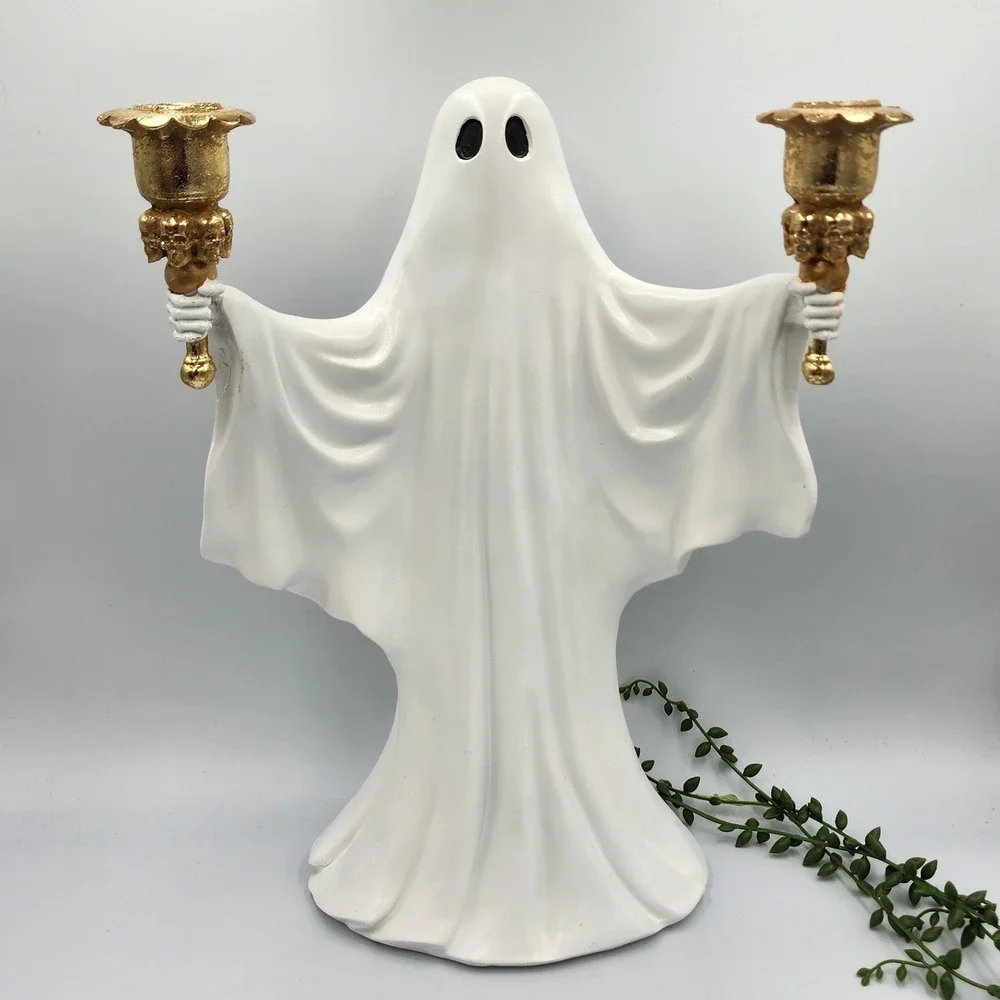 Halloween Ghost Candelabra Decor White Gold Skull Gothic Spooky 15